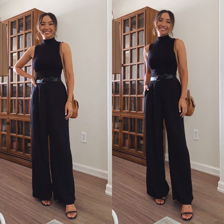 casual black wide leg pants outfit