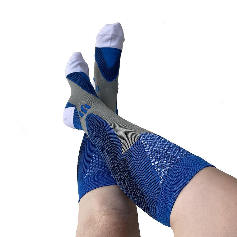 Bluecompressionsocksanklecrossed